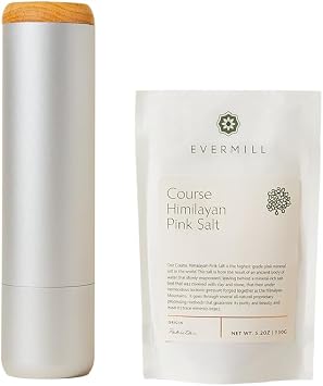 Evermill Salt Mill Premium Adjustable Salt Grinder with Ceramic Grinder Core Refillable Manual Salt Grinder with Himalayan Pink Salt Anodized Aluminum Silver