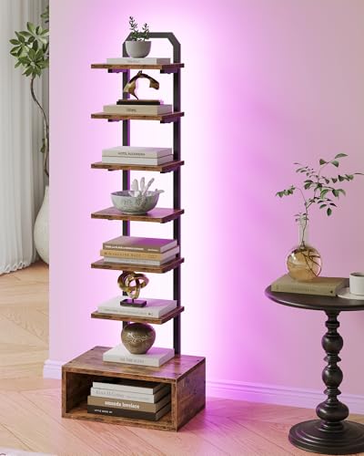 CHOEZON Librería de 8 Niveles, Estantería LED con Compartimento Semiabierto, Biblioteca de Pie para Espacios pequeños, con Iluminación, Estantería de Esquina, Marrón Rústico DTSJ08DBF