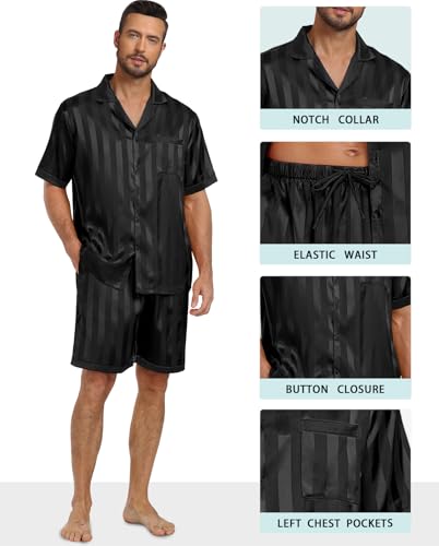 PrinStory Mens Pajamas Set Satin Silk Pajama For Men Sleepwear Shorts Summer 2 Piece Button Down Set S-XXL3
