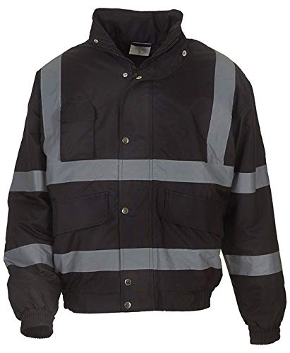 Hi Vis Viz Visibility Bomber Workwear Security Safety Fluorescent Hooded Padded Waterproof Work Wear Jacket Coat (Black, 3XL)