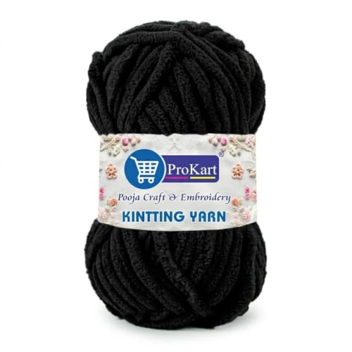 Image of ProKart Premium Blankie Wool, Plush & Cuddly, Chenille Yarn Supersoft Hand Knitting Wool Ball | Blanket Thick /Mottu Yarn Ball Suitable for Hand Knitting and Crocheting for Baby, Adult, Sweaters, caps, Throws, Home Furnishing, Scarves, Blankets (Black-BLK022, 100gms x 1 Pack)