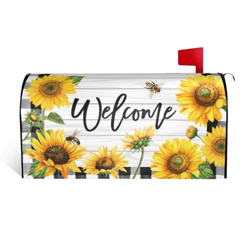 Summer Sunflowers Mailbox Cover Magnetic Welcome Floral Checkered Mailbox Wraps Post Letter Box Cover for Garden Yard Home Decor Standard Size 21