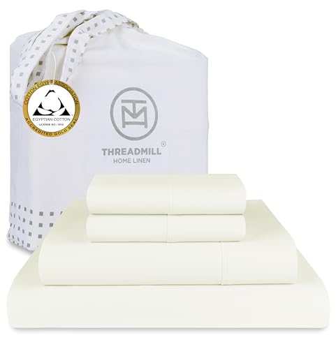 Threadmill Egyptian Cotton Sheets for Full Size Bed | 100% Certified Egyptian Cotton Sheets for Full Size Mattress | Bed Sheets with Deep Pocket | Soft Sateen 4-Piece Cooling Bedding Set | Ivory