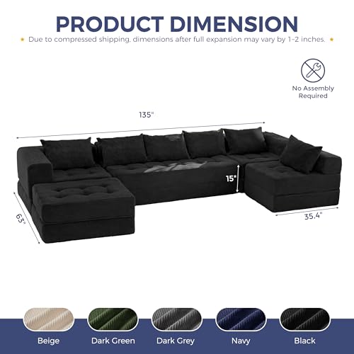Image of MAXYOYO Modular Sectional Sofa Couch, Foldable U Shaped Cloud Couch with Pillows, Tufted 7-Seat Boneless Lounger Floor Sofa Bed for Living Room, No Assembly Required, Black