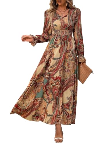 fdsmall Damen Floral Boho Midi Kleid Langarm V-Ausschnitt Flowy Casual Kleid Elastische Hight WAIS A-Linie Strand Maxi Kleider (DE/NL/SE/PL,...