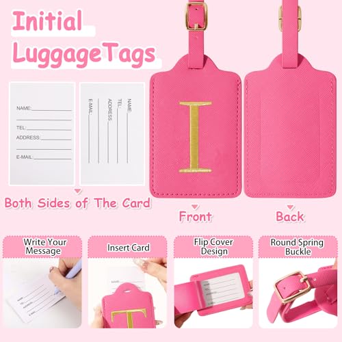 Image of Initial Letter Luggage Tags for Suitcases, Embroidered Monogrammed Suitcase Luggage Identifier Name Tag, PU Leather TSA Approved Luggage Tags, Bag Tags for Men Women Kids Luggage Handbags(Rosered I)