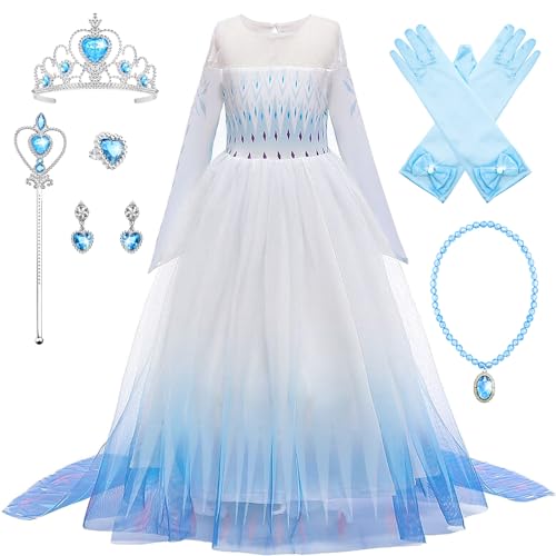 New front Menina disfarce princesa Elsa com capa vestido de Frozen rainha 2 costume manga comprida fato parte de festa de aniversário Natal Halloween Cosplay Fancy Dress com acessórios, Branco