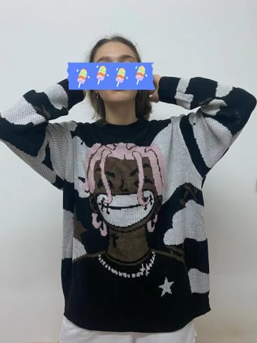 Mens Anime Rapper Knitted Sweater Oversized Rock Hip Hop Fashion Aesthetic Pullover Women Jumper Ugly Sweater4