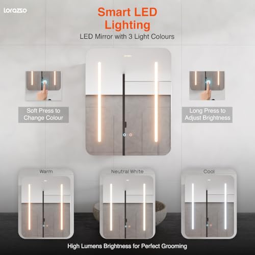 Image of Lorazzo Smart LED Mirror Cabinet - 30x24 in | 3 Colour LED Bathroom Mirror (Warm, Cool & White) | Anti-Fog Mirror with Defogger | Matte Black Mirror Cabinet with Storage | 5-Year Warranty