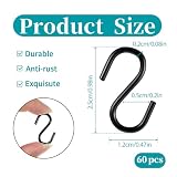 Mozeat Lens 60 sztuk małych haczyków w kształcie litery S, 2,5 cm, do zawieszenia, czarne, mini haczyki ozdobne, stal nierdzewna, mini haczyki S z metalu, do samodzielnego zawieszenia, biżuterii