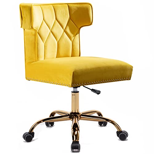 Recaceik Velvet Home Office Chair, Modern Adjustable Swivel Desk Chairs With High Back 360 Degree Castor Gold Wheels For Living Room/Bedroom/Office (Yellow) #TOP19