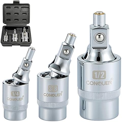 CONQUER 3 PCS Magnetic 2-Stage Universal Joint Socket Extension Bar 1/4" 3/8" & 1/2" Drive - Adapters Feature Magnetic Tip for Keeping Screws Cover