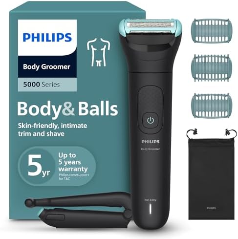 Philips Bodygroom 5000 für Herren – mit Dreifachschutz-Rasiersystem, elektrisch trimmen und rasieren im Intimbereich, klappbarer Rückenaufsatz, 100% duschfest, 100 Min. Laufzeit, M