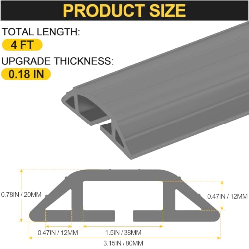 Image of MYFAMIREA 4FT Floor Cord Cover Heavy Duty Cord Cover for Wire on Floor | Outdoor Cable Covers Protector with 3 Channels, Extension PVC Wire Covers Hider Management for Home Office Outdoor, Dark Grey