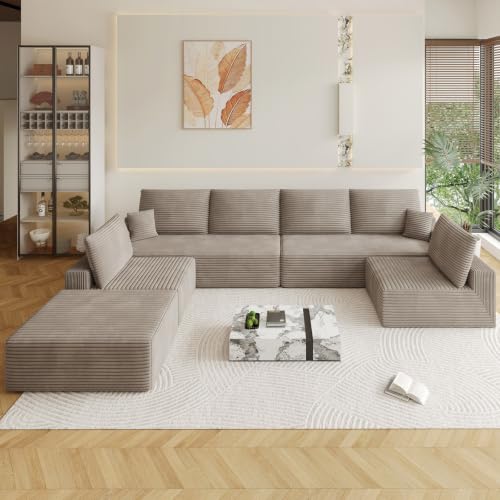 Image of Oversized Modular Sectional Sofa Couch, Large 7 Seater Corner Sofa Modern U Shaped Sectional Couch with Ottoman Cloud Couches for Living Room, Office, Spacious Space, Corduroy, No Assembly, Camel