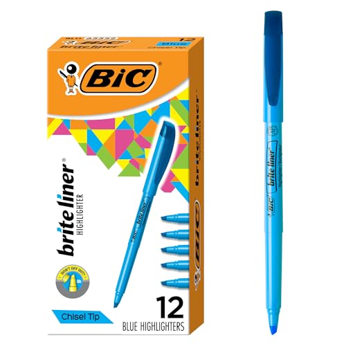 BIC Brite Liner Highlighters, Chisel Tip, 12-Count Pack of Blue Highlighters, Ideal Highlighter Set for Organizing and Coloring