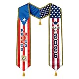 YGBDXB Puerto Rican American Graduation Stole 2026 USA Puerto Rico Dual Flag Sash for College High School Satin with Gold Glitter Trim & Tassels 72"