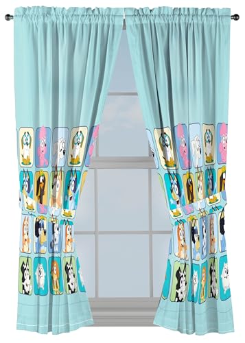 Sunny Side Up Window Curtains for Kids Bedroom 4-Piece Drape Set with 2 Tiebacks, Teal - Bluey, 42" W x 63" L (Pack of 2)
