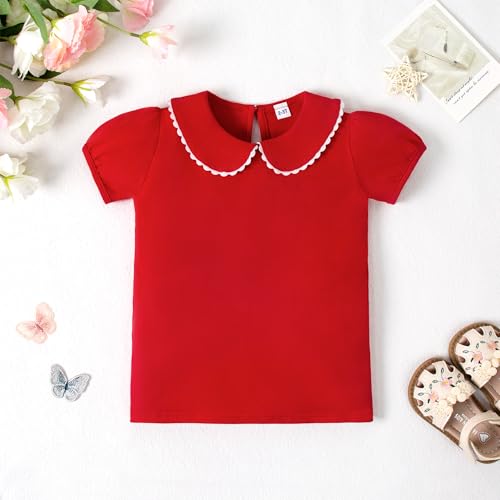 Image of 12M-14Y Toddler Baby Girls Peter Pan Collar Blouse Kids Girl Solid Color Puff Sleeve T-Shirts Casual Tee Tops