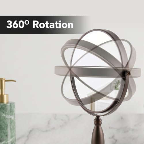 Image of OVENTE 8'' Tabletop Magnifying Makeup Mirror, Antique Bronze MNLAT80ABZ1X7X | Double Sided Vanity Standing Mount Mirror with 1X /7X Magnification, 360 Rotation, Perfect for Dresser Bedroom Office Desk