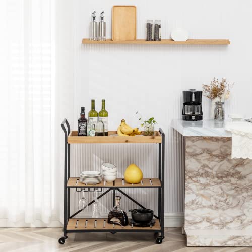 Mellcom Folding Bar Cart Kitchen Serving Cart On Lockable Wheels 3-Tier Rolling Utility Cart With Glass Holders For Home Kitchen, Rustic Brown #TOP6