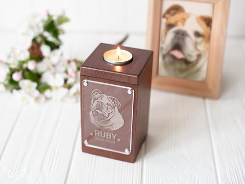 Image of Personalized Pet Memorial - Dog Memory Box Keepsake with Photo, Cat Cremation Urn for Ashes Candle (Medium, Portrait Engraving)