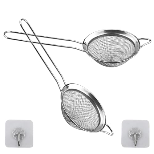 2 Pack Small Stainless Steel Fine Mesh Strainers with Kitchen Hooks 8 cm Diameter Mini Fine Mesh Sieve Tea Strainers Kitchen Colander Sieve with Handle - Ideal for Juice Egg Tea Coffee Flour Filter