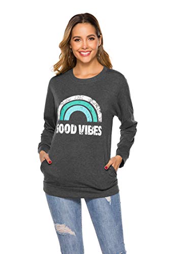 Hount Womens Good Vibes Long Sleeve Loose Tops Graphic T-Shirt Round Neck Casual Sweatshirts Tunic Top (Medium, Green Rainbow)