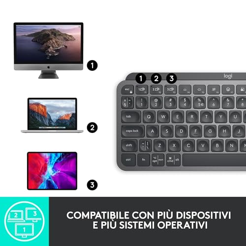 MX Keys Mini Tastiera Illuminata Wireless, Minimal, Compatta, Bluetooth, Retroilluminata, USB-C, Compatibile con Apple/macOS/iOS/Windows/Linux/Android, Layout Qwerty Italiano, Grafite - Tastiera gaming - Immagine 9