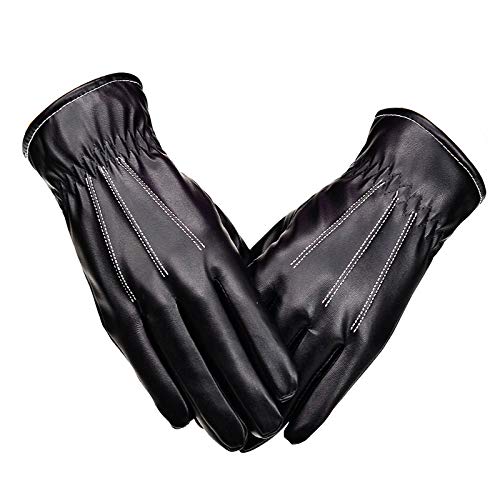 Elonglin Men's Luxury Faux Leather Gloves Fleece Lined Winter Driving Gloves Windproof Warm Thick Leather Thermal Mittens Black 2
