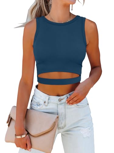 Image of ANRABESS Women Tank Tops High Neck Sleeveless Sexy Cutout Racer Back Going Out Crop Tops Shirts Summer Y2K Outfits