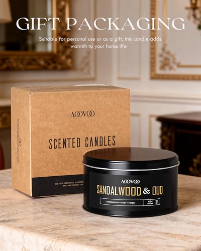 Image of AOOVOO Sandalwood Oud Candles for Men - 3 Wick 12oz Black Scented Candle | Long Lasting Soy Candles for Home Scented, Masculine Candle Gift for Father Day, Women & Men, Non Toxic, Large