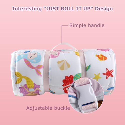 Image of Toddlers Nap Mat with Removable Pillow and Soft Blanket, Lightweight Daycare Preschool Kindergarten Sleeping Bag, Travel Slumber for Kids Girls Boys (Mermaids)