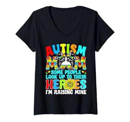 Mujer Autismo Mamá Raising Heroes Messy Bun Mamá Conciencia sobre el autismo Camiseta Cuello V