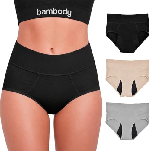 Bambody Absorbent Period Panties - Bamboo Rayon - Period Underwear for Women and Teens - All-Day Long - Overnight Protection-, Leakproof - Medium - 3 Pack: Black - Nude - Gray