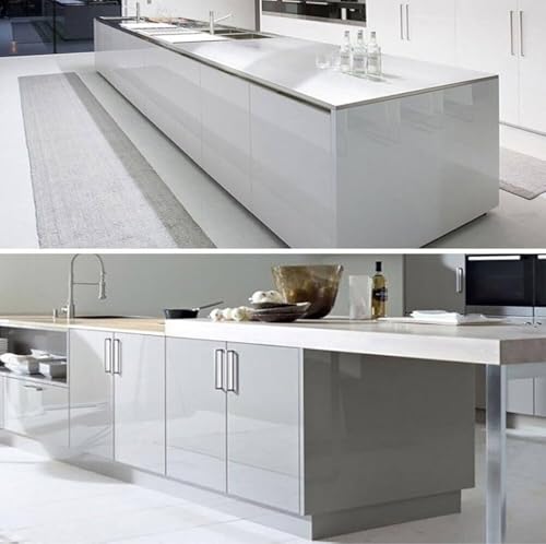 Image of HOME13 Light Grey Glossy Wallpaper Peel & Stick Wallpaper Self - Adhesive Removable Vinyl Wallpaper for Kitchen Cabinet Furniture Countertop Waterproof Wallpaper (12x84 Inch)
