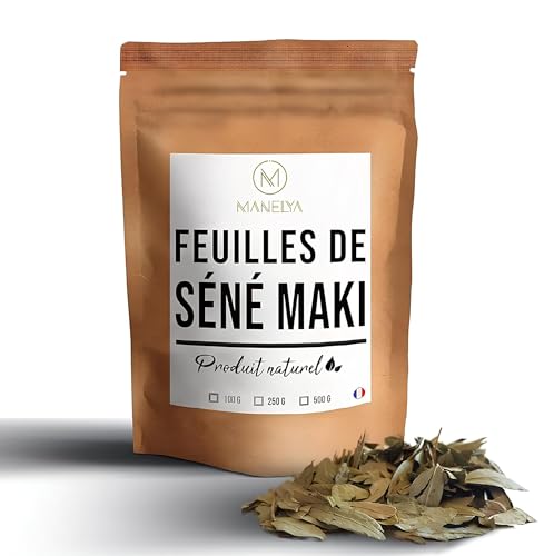Manelya, feuilles de Séné Maki, calmantes, apaisantes, contre la constipation, laxative, produit naturel, vendu dans un sachet refermable de 100g.