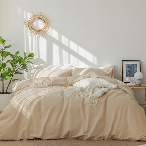 Image of MooMee Bedding Duvet Cover Set 100% Washed Cotton Linen Like Textured Breathable Durable Soft Comfy (Solid Sandy Beige, Twin 68 inchx90 inch)