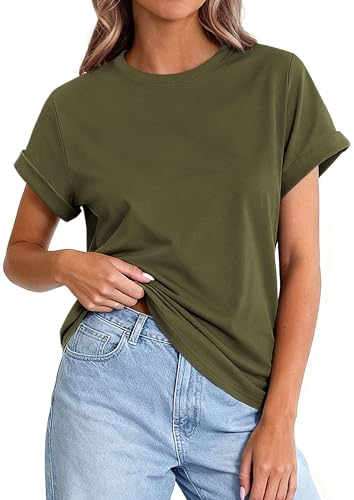 Image of PRETTYGARDEN Womens Summer Tops Short Sleeve Shirts | Lightweight Stretchy Knit,Rolled Sleeves,Crewneck Basic Tees,Loose Fit Daily T Shirt,Casual Work Travel Vacation Outfits