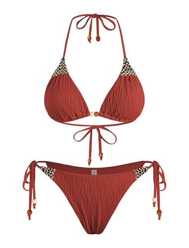 ZAFUL Women's Texture Triangle Bikini Sets Halter Ties Swimsuit Tie Sides Thong Swimwear Two Piece Bathing Suit