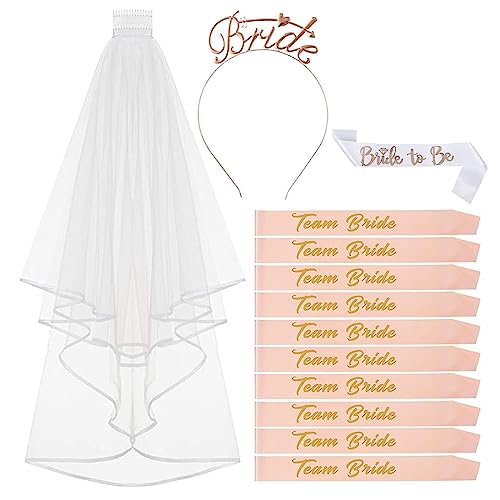 HANNEA Bride to Be Decoration Set Combo Include 1 Bride to be Sash 10 Team Bride Sash Headband Tiara and Veil Bachelorette Party Supplies Bridal Shower Games Accessories Kit
