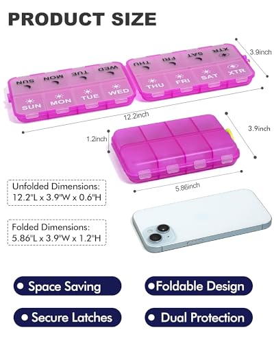 Image of Pill Organizer Travel Medicine Organizer - Weekly Pill Organizer with 2 Extra Compartments, Clear Printed Labels, AM PM Pill Dispenser