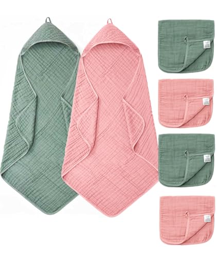 Image of 6 PCS Baby Towels and Washcloths Set, 2 PCS Baby Hooded Towels & 4 PCS Washcloths Set, Ultra Soft & Highly Absorbent Bath Bath Towel for Newborn, Infant & Toddler