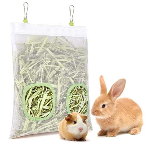 ducyak Mesh Guinea Pig Hay Feeder Bag for Guinea Pigs Rabbits Chinchillas Hanging 2-Hole Hay Dispenser Breathable Wear-Resistant (White)
