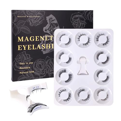 EOAMGO 10 Paires Magnetic Eyelashes, Mangetic Natural Look False Eyelashes, Self Adhesive＆Reusable 3D Curly False Lashes Kit
