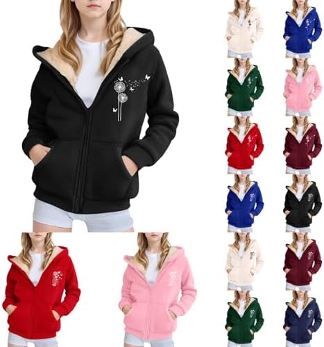 Girls Sherpa Lined Hoodie Sweatshirt Fleece Long Sleeve Zip Up Hoodie With Pockets Dandelions Print Fashion Sweatshirt