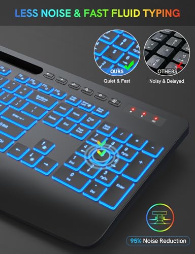 Trueque Wireless Keyboard With Wrist Rest & Phone Holder, 7 Colored Backlits, Rechargeable Ergonomic Computer Keyboard With Silent Keys, Full Size Lighted Cordless Keyboard For Windows thumb #5
