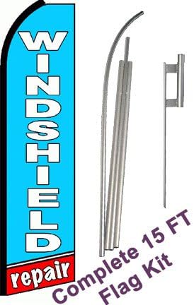 NEOPlex - "Windshield Repair (Extra Wide)" Complete Flag Kit - Includes 12' Swooper Feather Business Flag with 15-Foot Anodized Aluminum Flagpole and Ground Spike