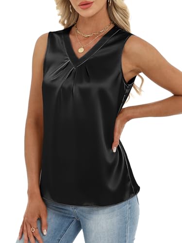 Funlingo Women's Silk Satin Tank Tops Dressy Casual V Neck Pleated Camisole Sleeveless Blouses Summer Business Work Shirts Office Clothes Black 2XL — view 2