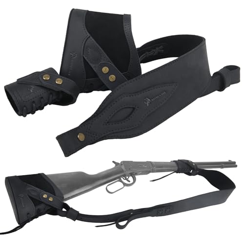 WAYNE'S DOG No Drill Leather Rifle Sling with Slip-on Recoil Pad and Barrel Mount fit for Lever Action Rifles, Shotguns (Full Leather - Black)